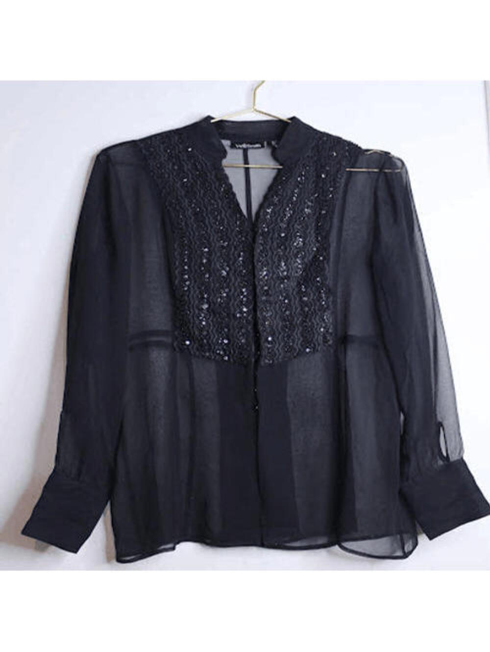 Willi Smith Black Silk Sheer Beaded Long Sleeve Blouse - Medium